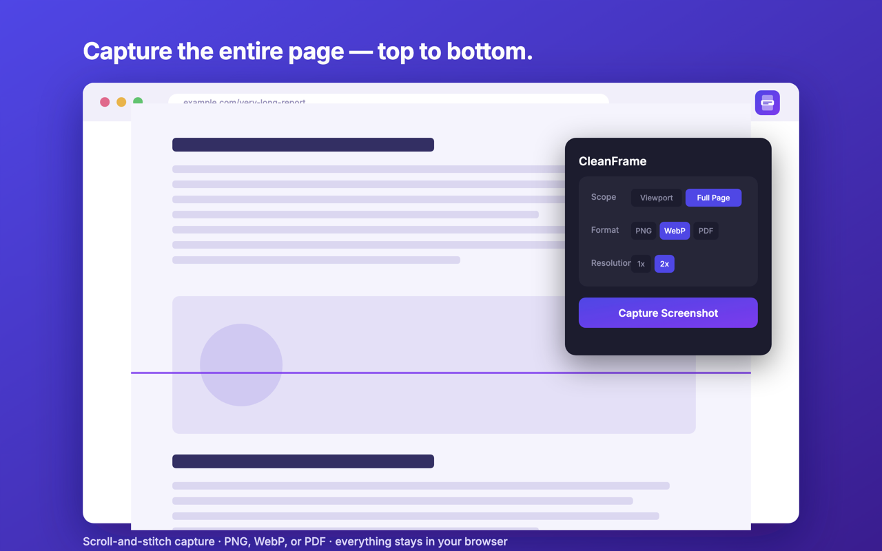 CleanFrame full-page screenshot output preview