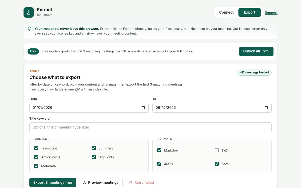Extract for Fathom transcript exporter preview