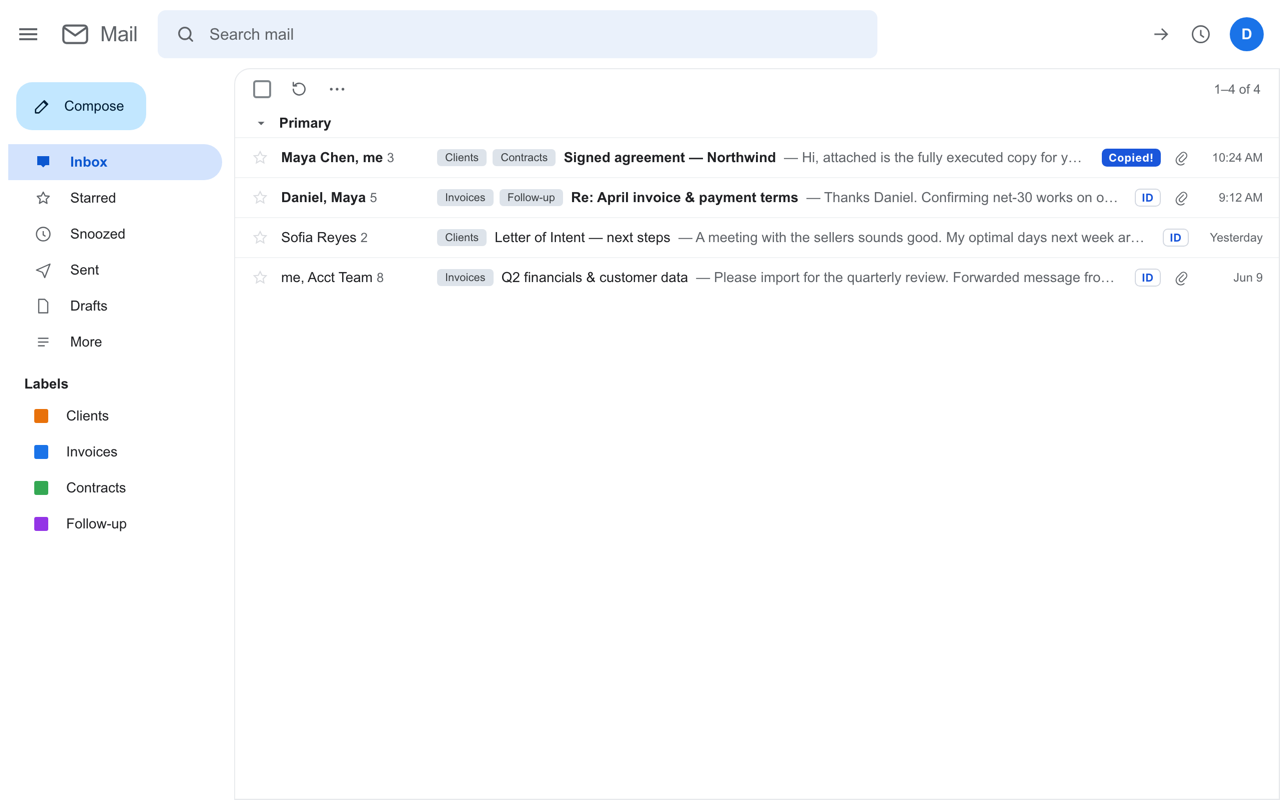 Gmail message rows with ID buttons for copying message locators