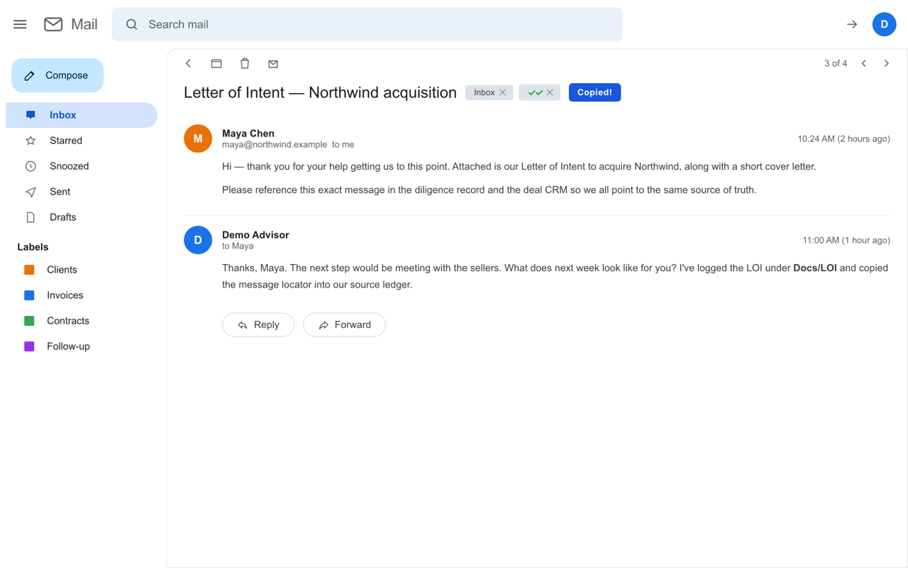 Gmail open thread with ID button for copying a thread locator